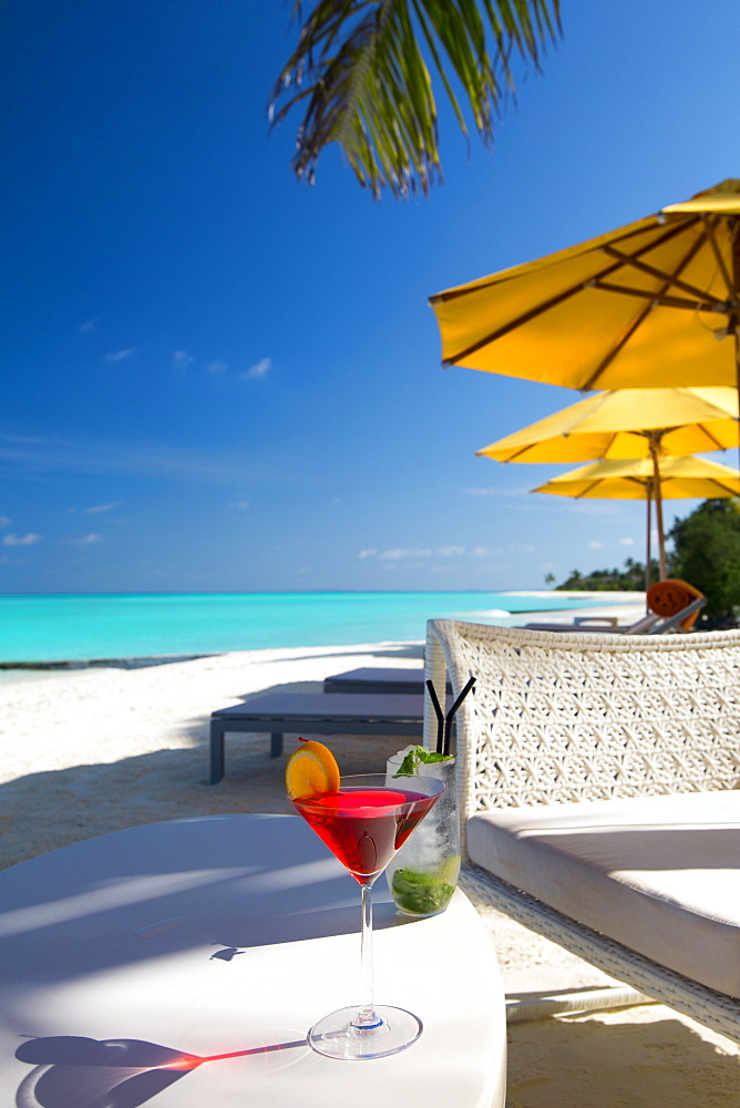 Cocktails on tropical beach, Maldives, Indian Ocean, Asia