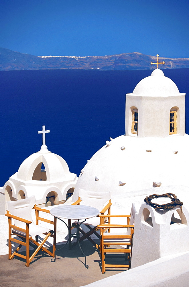 Church overlooking sea, Santorini, Cyclades, Greek Islands, Greece, Europe