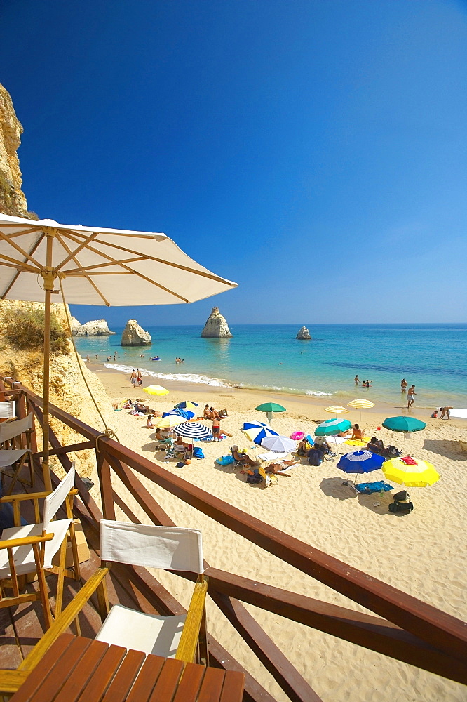 People on beach, view from terrace, Algarve, Portugal, Europe