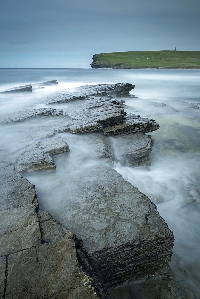 Dramatic rock ledges on the wild west coast of Orkney, Scotland, United Kingdom, Europe