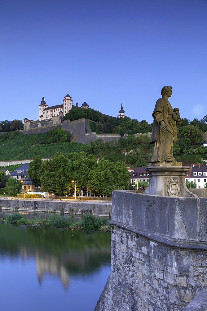 Marienberg Fortress and Old Main Bridge at dawn, Wurzburg, Bavaria, Germany, Europe