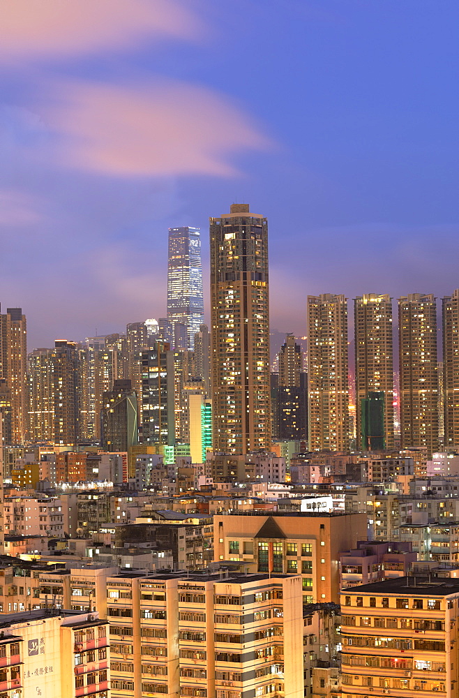 Skyline of Kowloon at dusk, Shek Kip Mei, Hong Kong, China, Asia