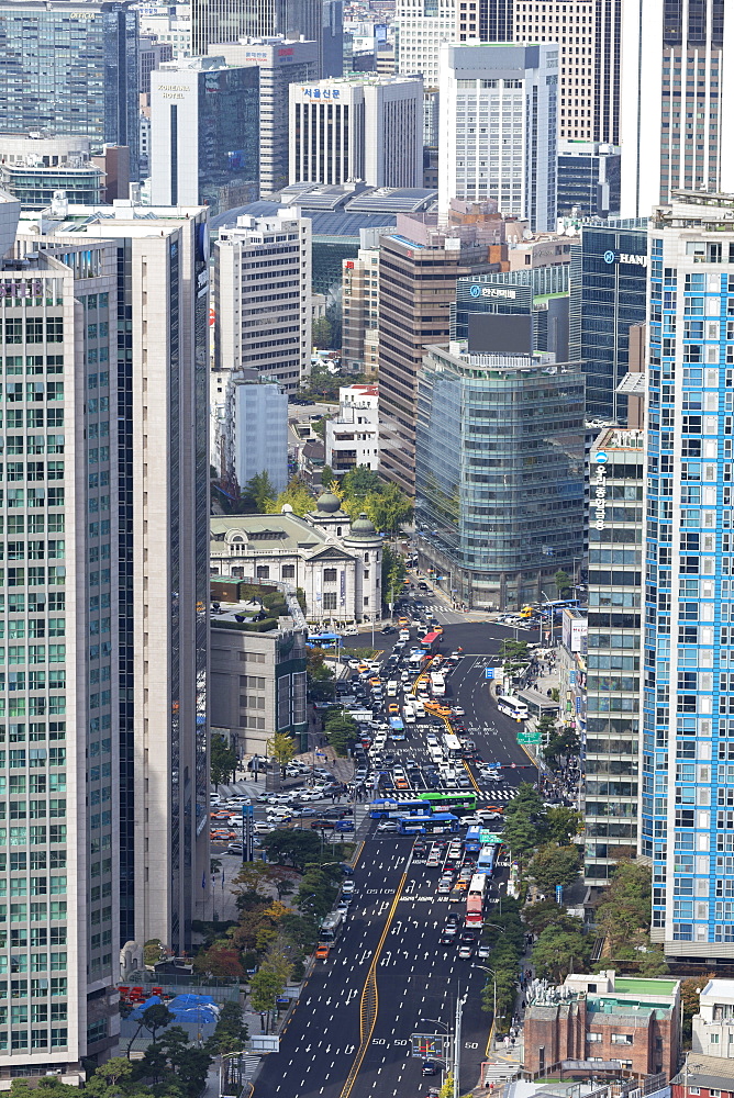 Aerial view of skyscrapers and traffic, Seoul, South Korea, Asia