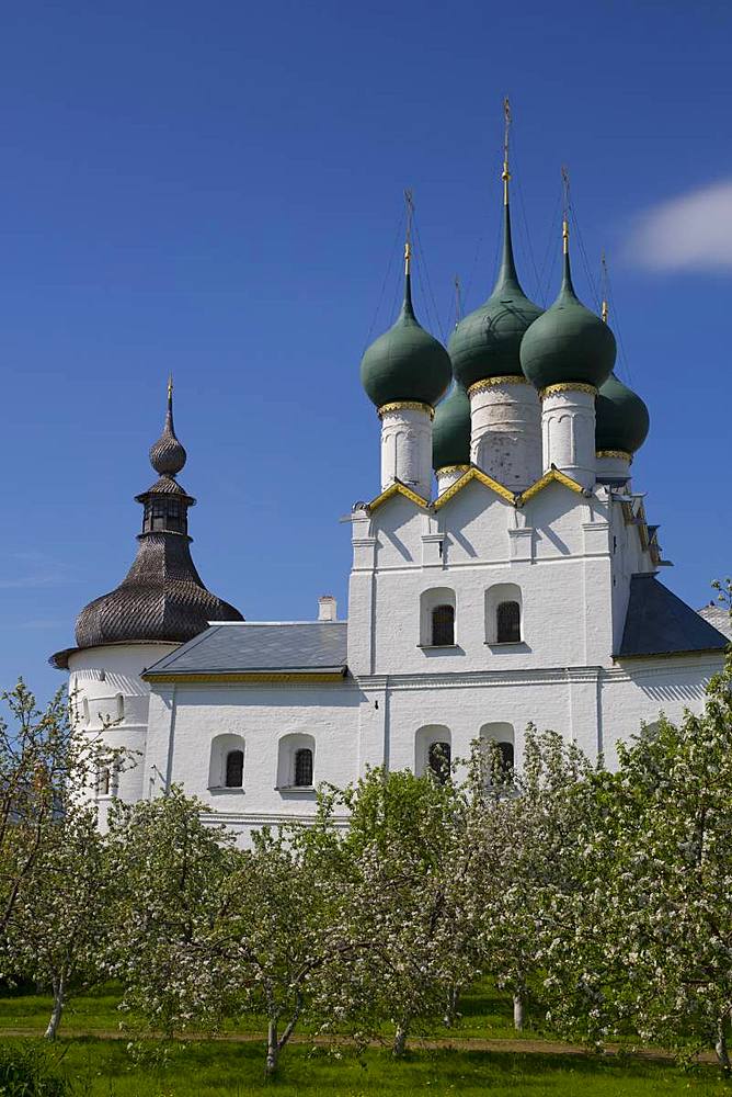 Church of Gregory the Theologian, with fruit trees in foreground, Kremlin, Rostov Veliky, Golden Ring, Yaroslavl Oblast, Russia, Europe