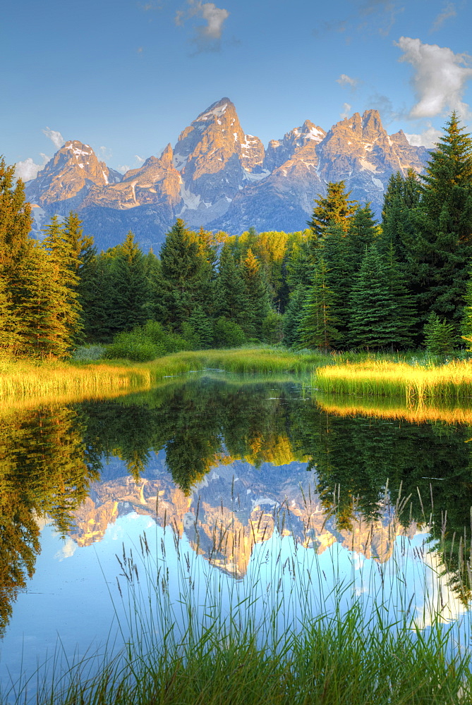 Early morning, Teton Range from Schwabache Landing, Grand Teton National Park, Wyoming, United States of America, North America