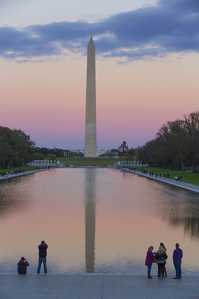 Evening with tourists, Washington Monument taken from Lincoln Monument, Washington D.C., United States of America, North America