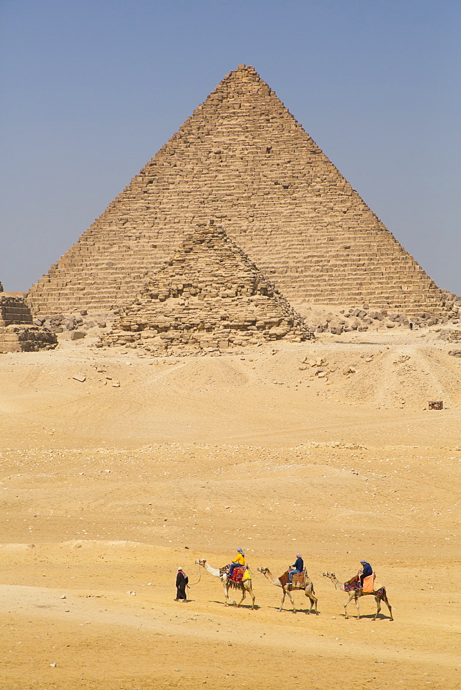 Tourists riding camels, Great Pyramids of Giza, UNESCO World Heritage Site, Giza, Egypt, North Africa, Africa