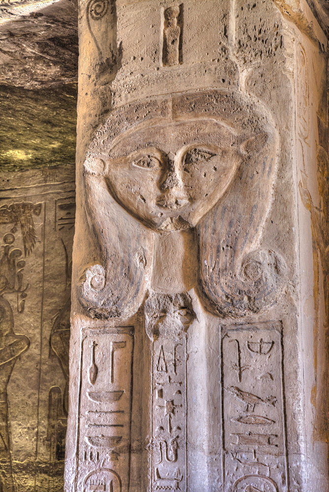 Square Pillar, Goddess Hathor head, Temple of Hathor and Nefertari, UNESCO World Heritage Site, Abu Simbel, Nubia, Egypt, North Africa, Africa