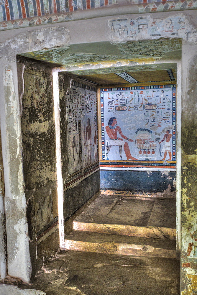 Fresco of Sirenput II with Wife and Son, in Tomb Recess, Tomb of Sirenput II, Tombs of the Nobles, Aswan, Egypt, North Africa, Africa