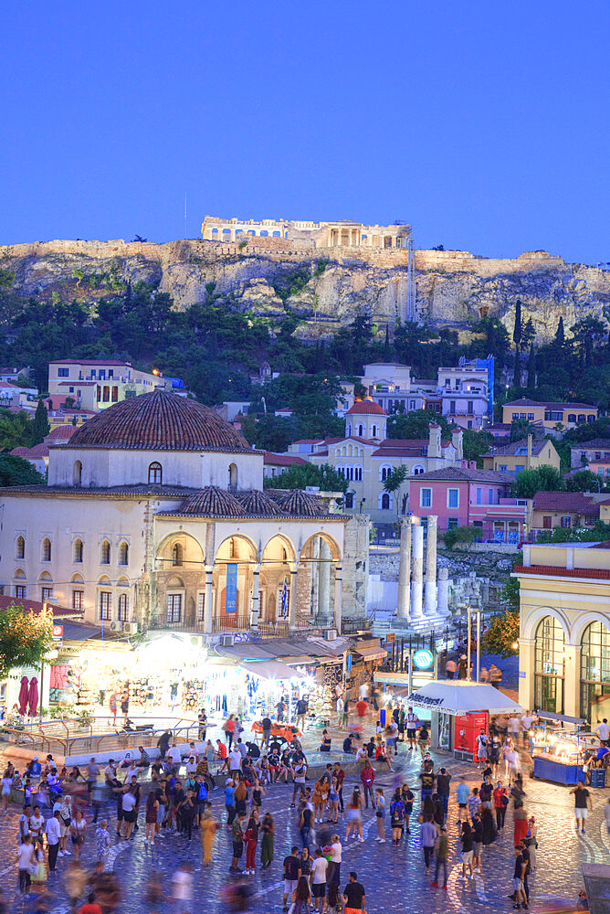 Evening, Monastiraki Square in the foreground with The Acropolis in the background, Athens, Greece, Europe