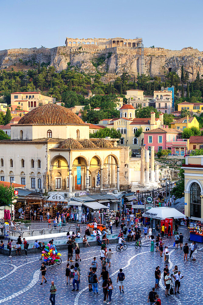 Monastiraki Square in the foreground with The Acropolis in the background, Athens, Greece, Europe