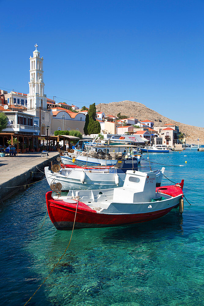 Fishing boats, Emborio Harbor, Halki (Chalki) Island, Dodecanese Group, Greek Islands, Greece, Europe