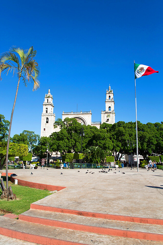 Mexican flag, Plaza Grande, Cathedral de IIdefonso in the background, Merida, Yucatan State, Mexico, North America