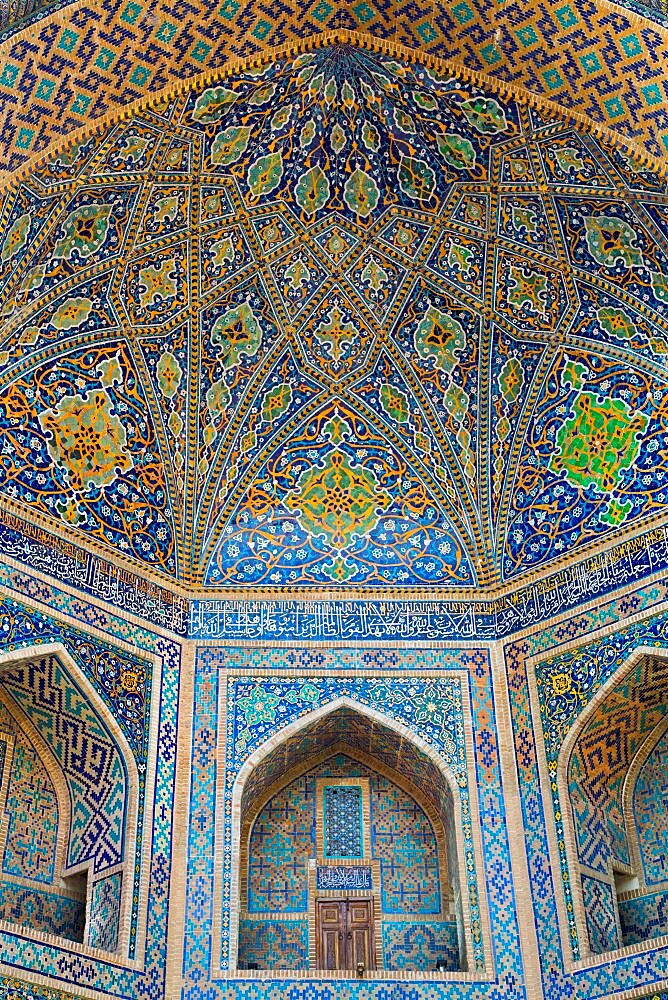 Entrance Ceiling and Wall Tiles, Tilla-Kari Madrassah (Completed 1660), Registan Square, Samarkand, Uzbekistan