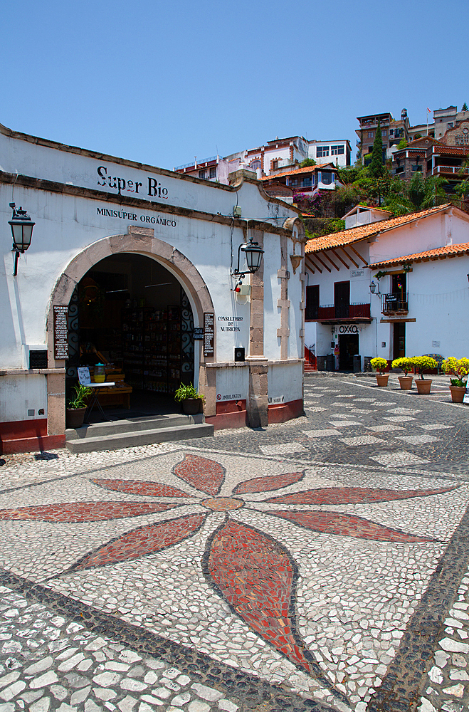 Street Scene with mosaic pavement, Taxco, Guerrero, Mexico, North America