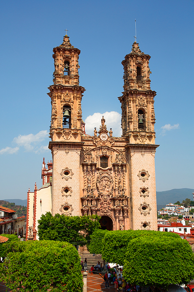 Churrigueresque Style Towers, Church of Santa Prisca de Taxco, founded 1751, UNESCO World Heritage Site, Taxco, Guerrero, Mexico, North America