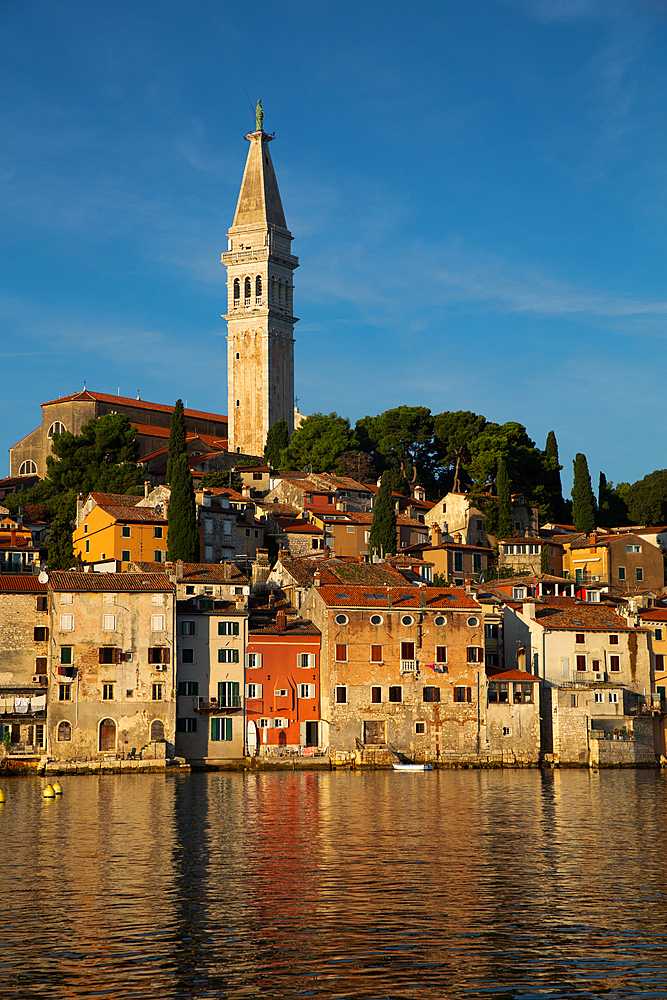 Waterfront and Tower of Church of St. Euphemia, Old Town, Rovinj, Croatia, Europe