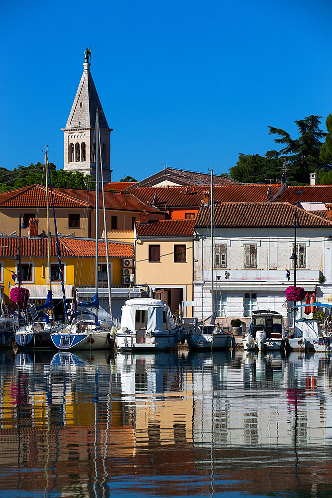 Pleasure Boats, Marina, Novigrad Port, Tower of St. Pelagius Church in the background, Old Town, Novigrad, Croatia, Europe