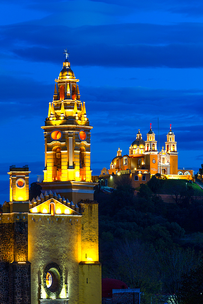 Evening, Convent of San Gabriel Arcangel in the foreground, Church de Nuestra Senora de los Remedios in the background, Cholula, Puebla State, Mexico, North America