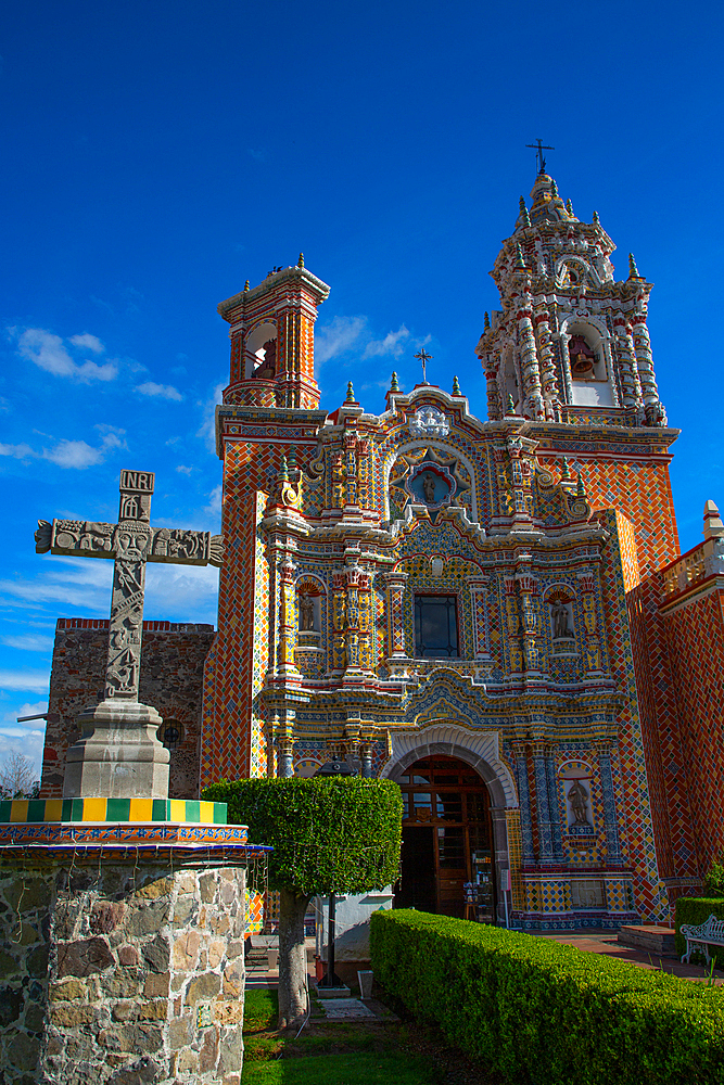 Facade of Polychromed Baroque Decoration with Talavera Azulejos, Church of San Francisco Acatepec, founded mid-16th century, San Francisco Acatepec, Puebla, Mexico, North America