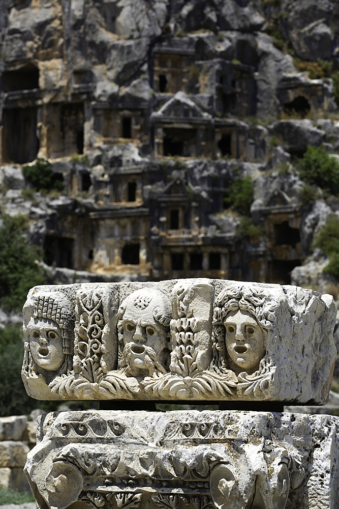 Lycian Rock Sculpture (foreground), Lycian Rock Tombs, 4th Century BC, Myra Ancient City, Demre, Antalya, Turkey