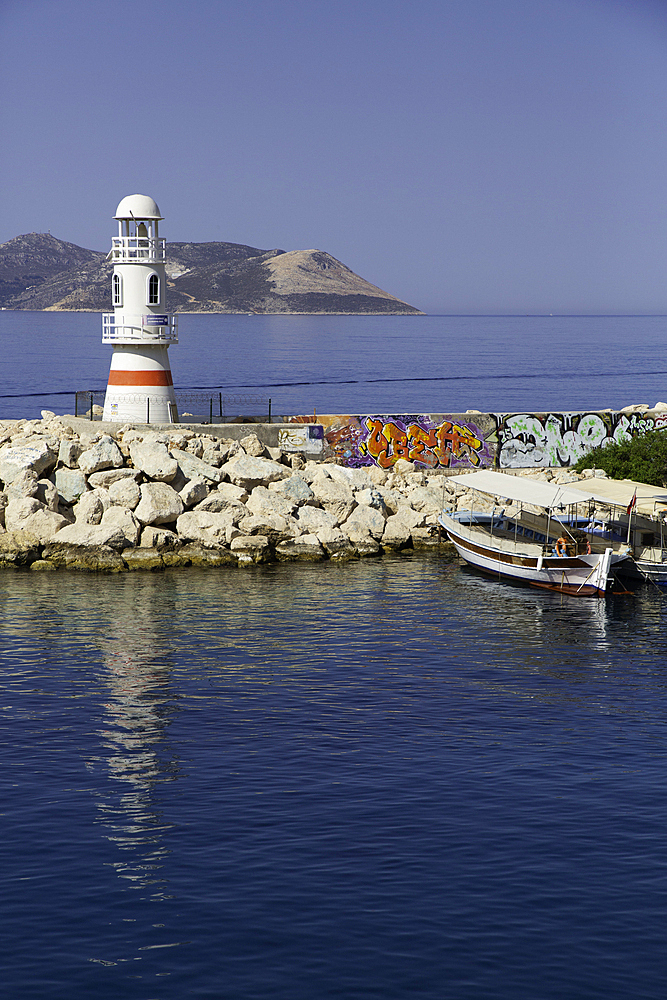 Kas Marina Lighthouse with Boats, Kas, Antalya, Turkey