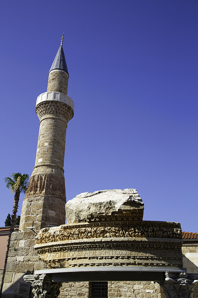 Roman Ruin with Inscription, Minaret (background), Kaleici, Antalya, Antalya Province, Turkey