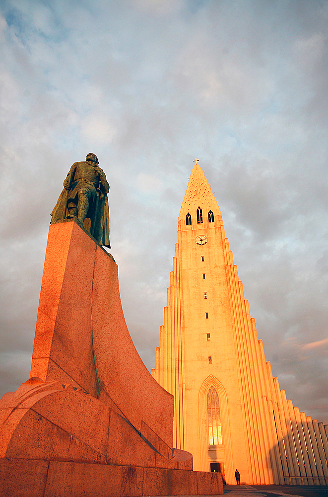 Midnight sun on Hallgrimskirkja (Church of Iceland) Cathedral, Reykjavik, Iceland, Polar Regions