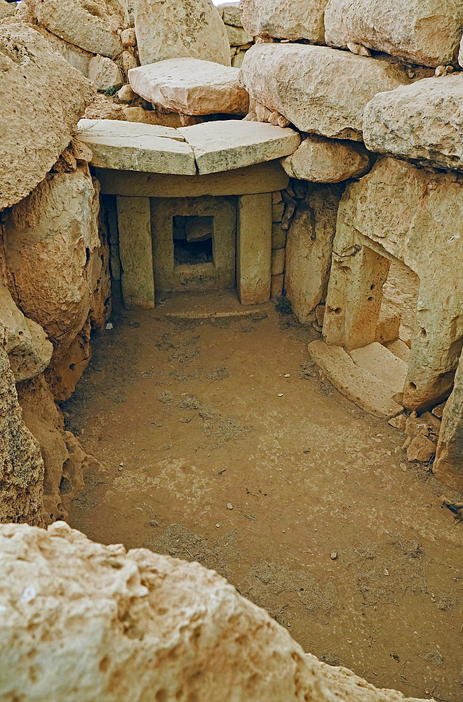 Inside the Megalithic temples of Hagar Qim, UNESCO World Heritage Site, Malta, Europe