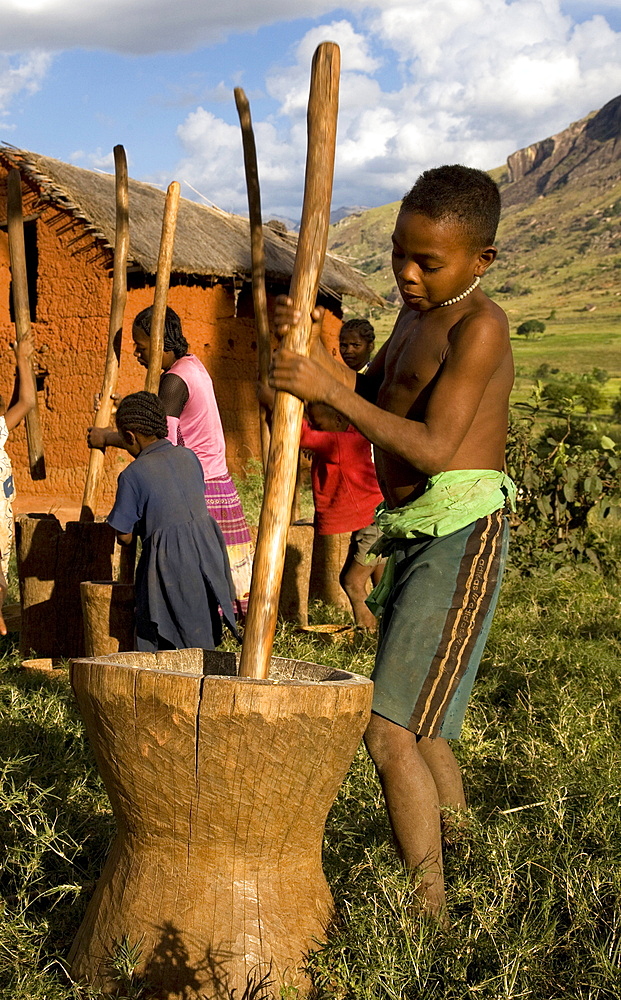 A local boy grinds millet by hand using a huge mortar and pestle, Tsaranoro Velley, Andringitra National Park, near the provincial city of Fianarantsoa, southern Madagsacar, Africa