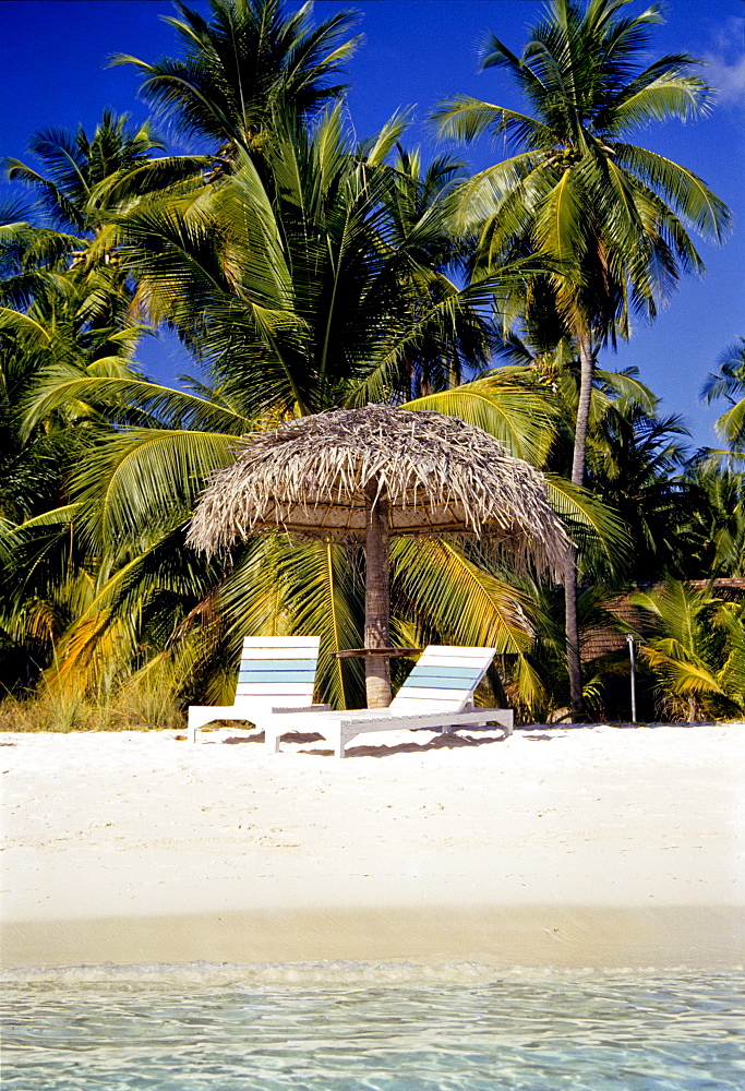 Virgin Beach and sunshades, Bangaram, Lakshadweep Islands, India, Indian Ocean, Asia