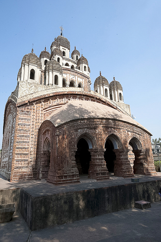 Krishnachandra temple entrance, some of the Panchabimsati (25 decorated spires) above, terracotta temples, Kalna, West Bengal, India, Asia