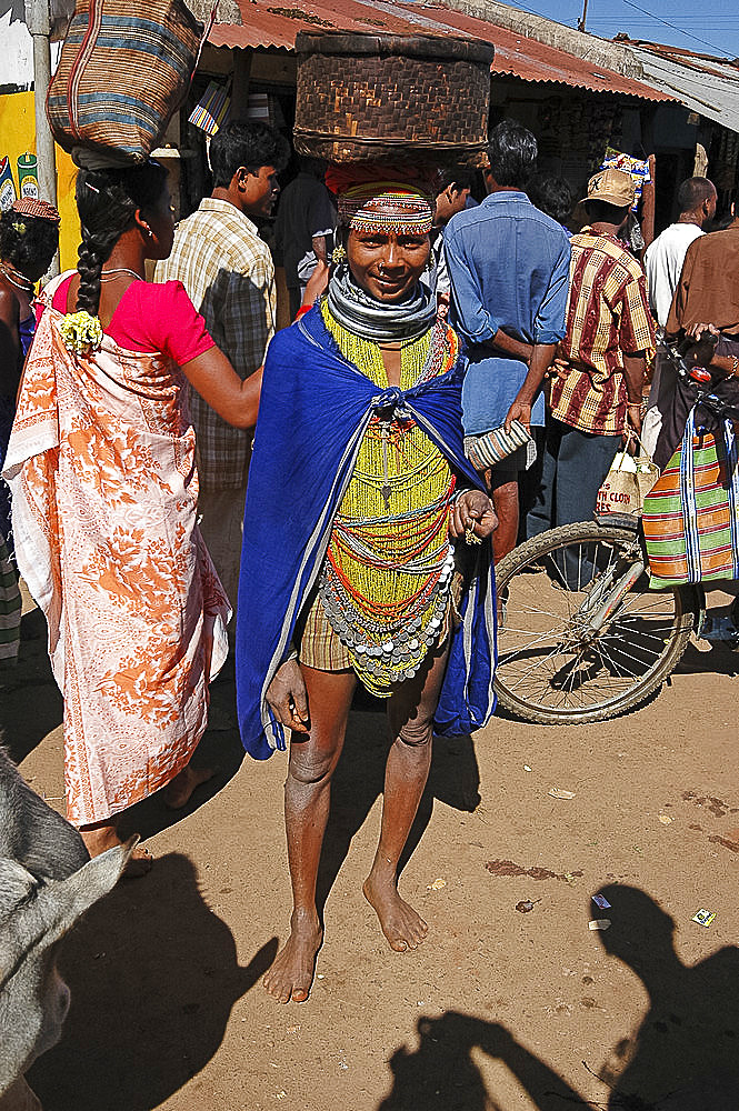 Bonda tribeswoman in traditional dress with beads and necklaces denoting her tribe, Onukudelli, Orissa, India, Asia