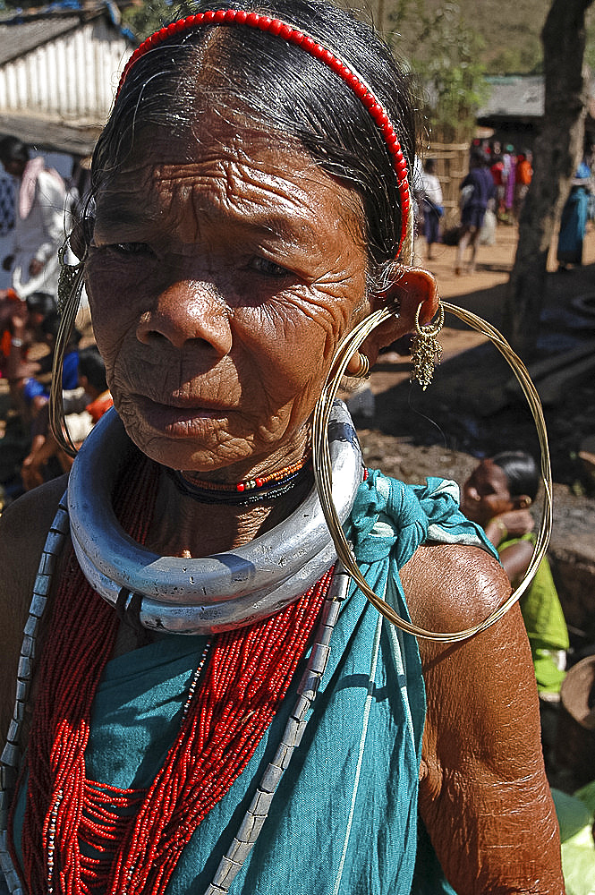 Gadaba tribeswoman in traditional dress with large earrings and necklaces denoting her tribe, Onukudelli, Orissa, India, Asia