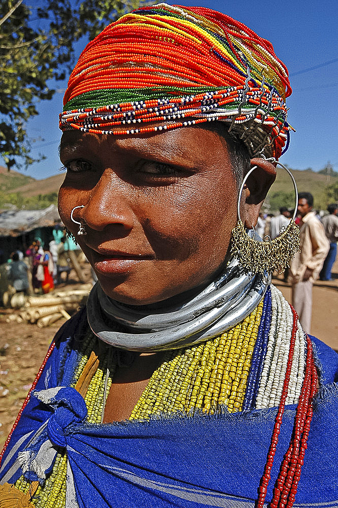 Bonda tribeswoman in traditional dress with beads and necklaces denoting her tribe, Onukudelli, Orissa, India, Asia