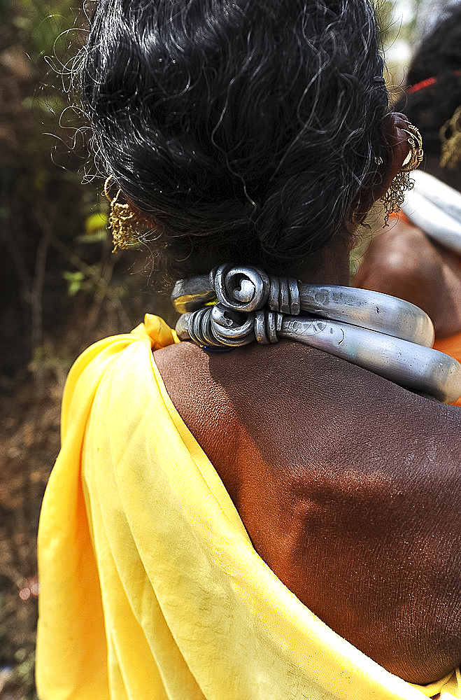 Traditional steel necklaces worn by the women of the Godaba tribe, Onukadelli district, Odisha, India, Asia