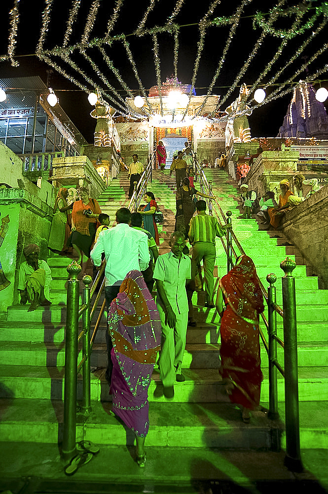 Entrance to Jagdish temple lit up and decorated with tinsel for Diwali festival celebrations, Udaipur, Rajasthan, India, Asia