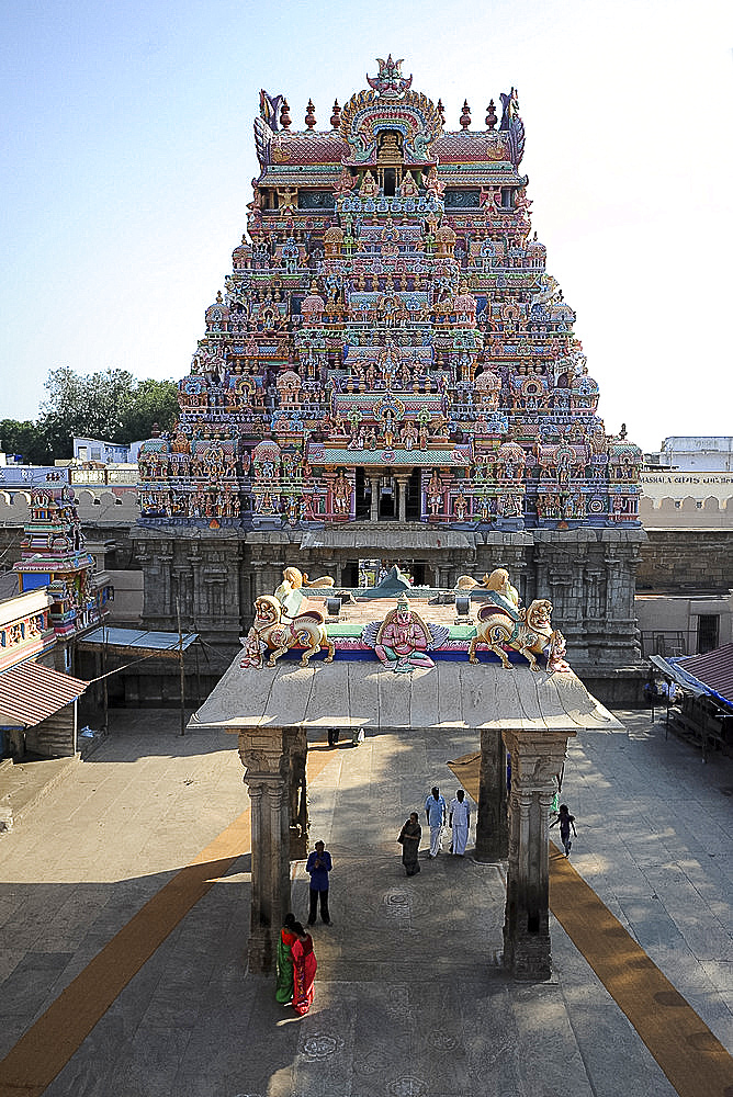 One of the ornate, carved and painted gopuram of the 11th century Brihadisvara Cholan temple, Thanjavur, Tamil Nadu, India, Asia