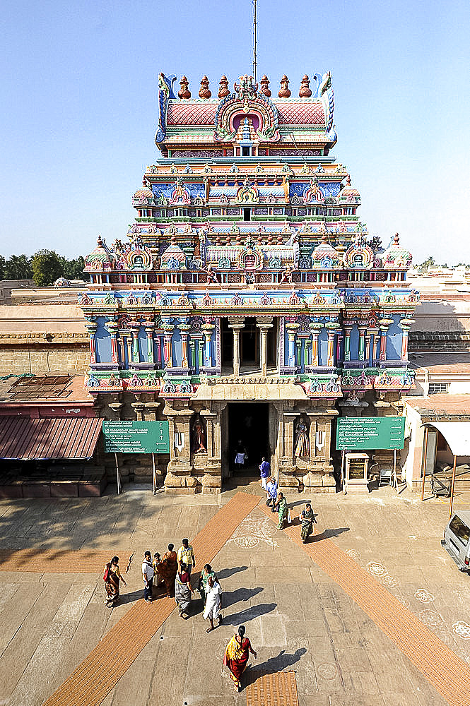 One of the ornate, carved and painted gopuram of the 11th century Brihadisvara Cholan temple, Thanjavur, Tamil Nadu, India, Asia