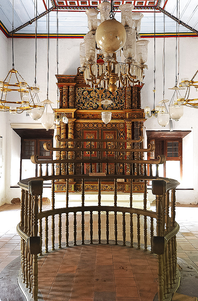 Interior of Jewish Synagogue built in 1640 and recently restored, with fine woodwork, Chendamangalam, Kerala, India, Asia