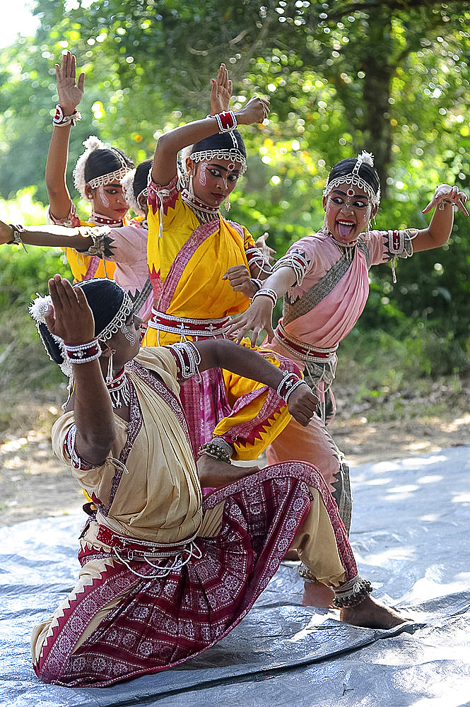 Gotipua dancers in costume, performing traditional Gotipua dance in rural village, Odisha, India, Asia