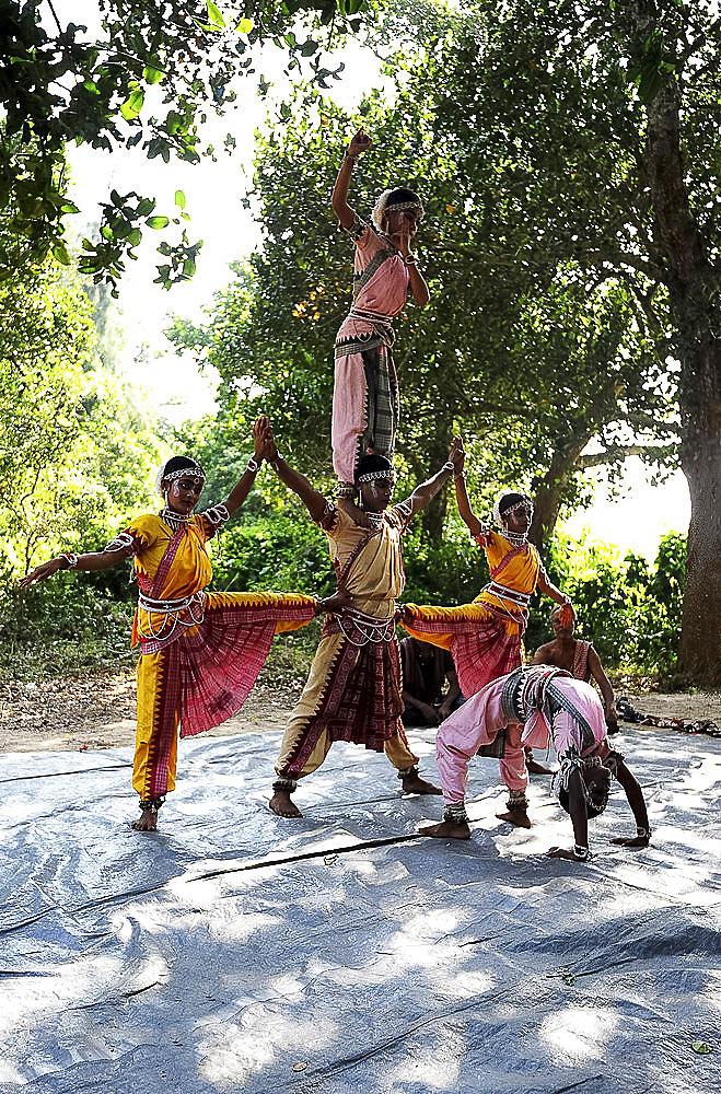 Gotipua dancers in costume, performing traditional Gotipua dance in rural village, Odisha, India, Asia