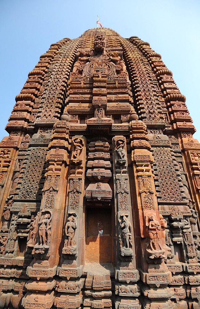 Carved stone Vimana in the 10th century Mukteswar Temple, dedicated to Lord Shiva, Bhubaneswar, Odisha, India, Asia