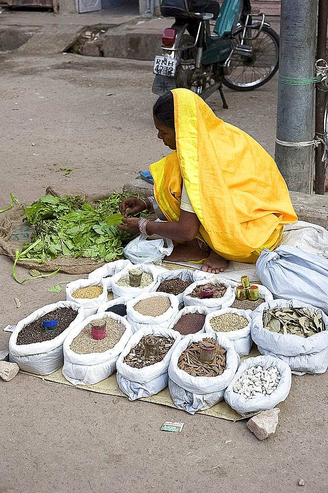 Street spice seller in yellow sari, Jaipur, Rajasthan, India, Asia