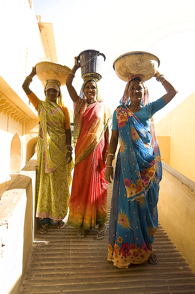 Three construction workers at the Amber Palace, Amber, Jaipur, Rajasthan, India, Asia