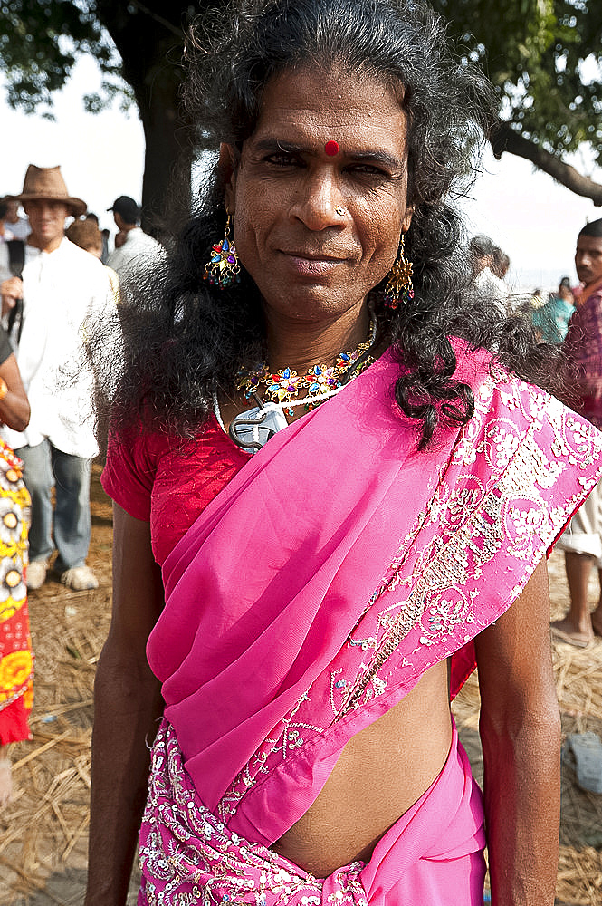 Launda dancer, a transsexual Bihari man dressed as a woman to dance at village weddings and fairs, Sonepur Cattle fair, Bihar, India, Asia