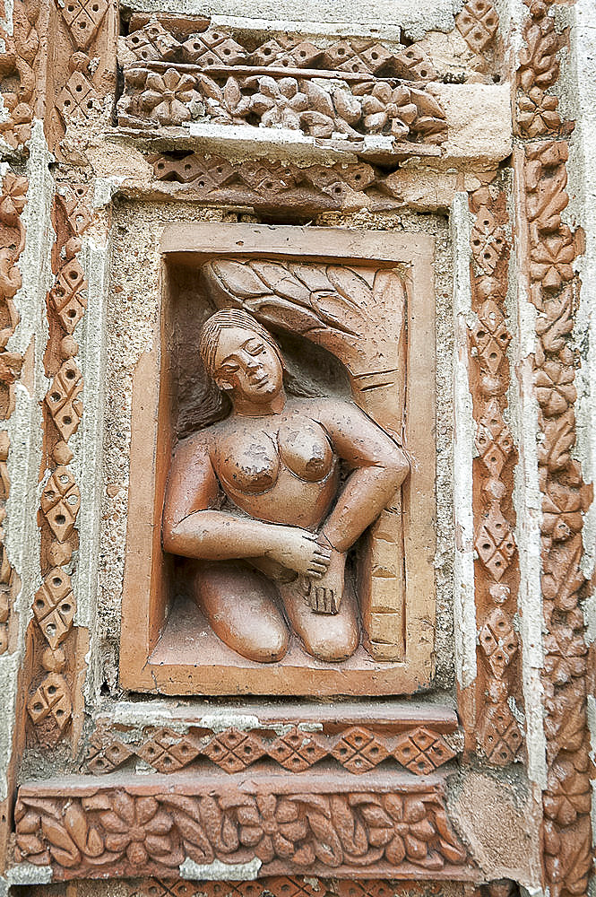 Carved rekha style facade of the 19th century Prataspeswar terracotta temple, built in 1849, in the temple complex, Kalna, West Bengal, India, Asia