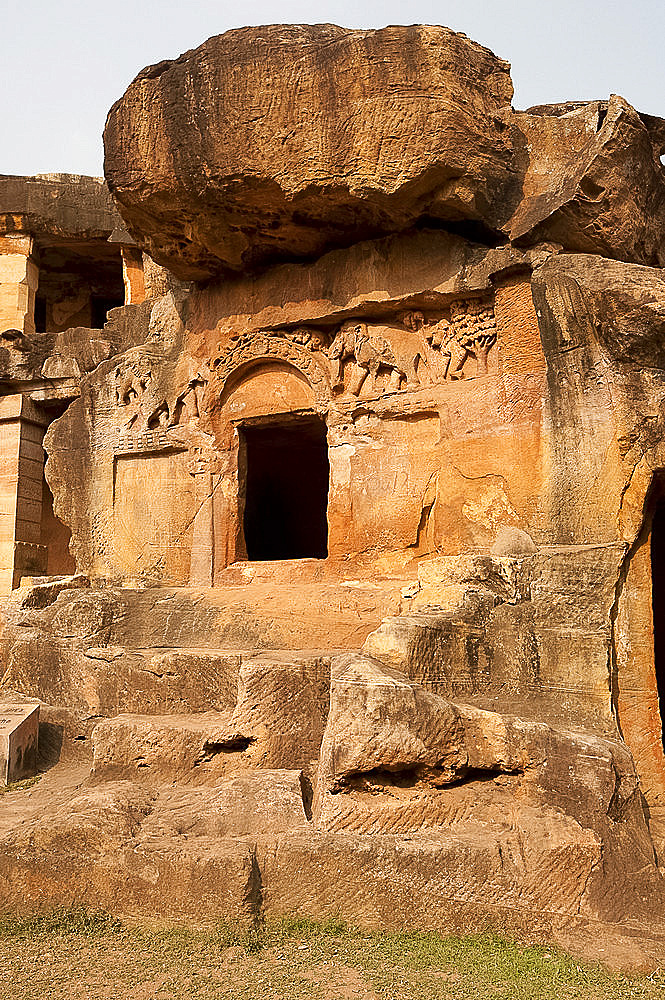 Carving on one of the 18 Udayagiri caves, residences for Jain monks in the time of King Kharavela 2000 years ago, Bhubaneshwar, Orissa, India, Asia