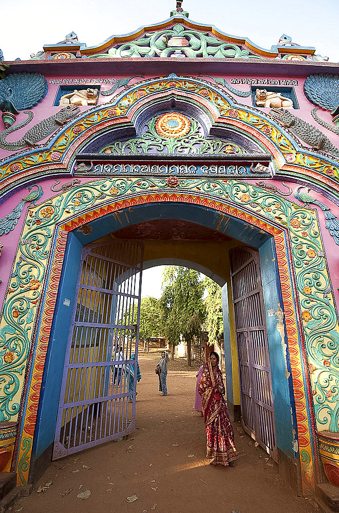 Ornately decorated entrance gateway to Joranda Hindu Mahima Dharma monastery, Joranda, Orissa, India, Asia