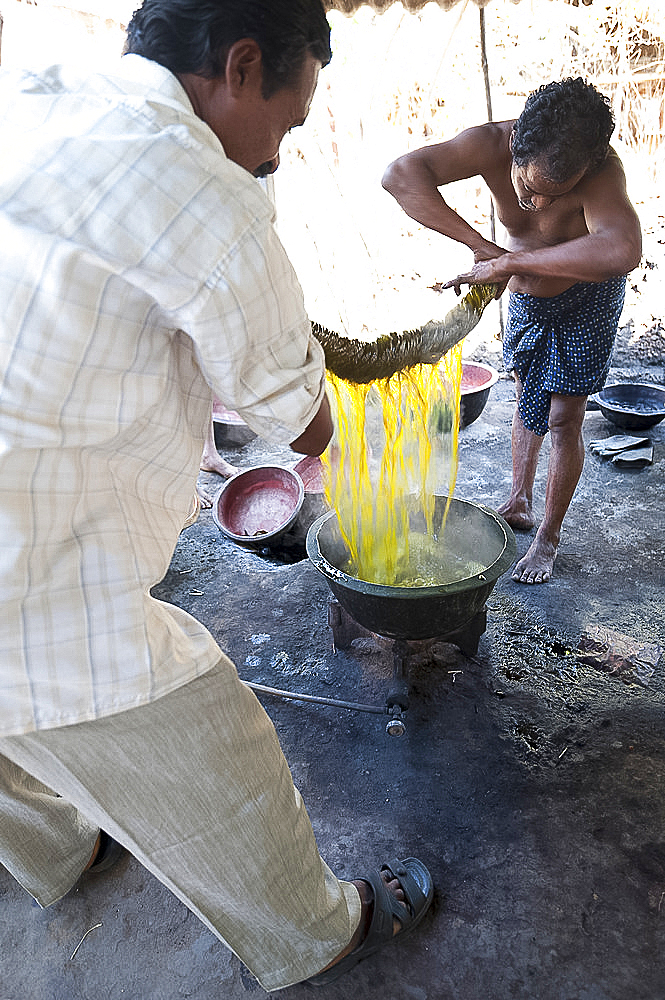 Two men squeezing yellow dye out of cotton fabric over a metal bowl heated over gas flame, Naupatana weaving village, rural Orissa, India, Asia